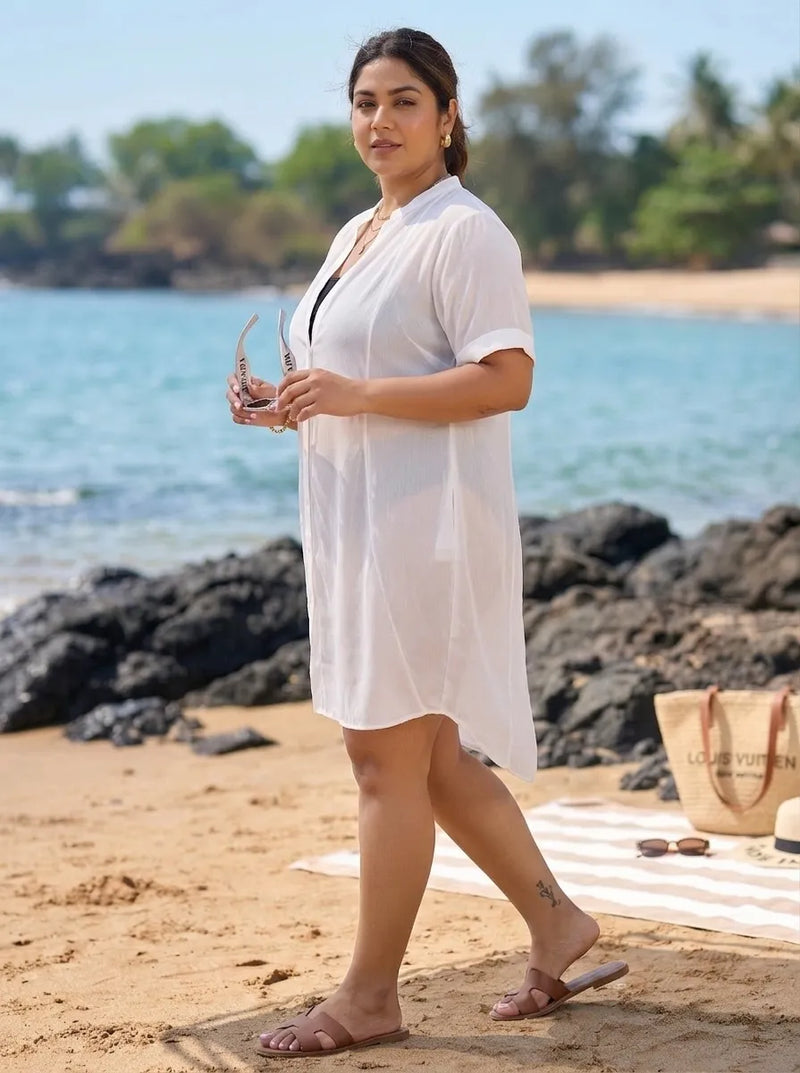 Beach Wear Off White Half Sleeves Shirt Style Cover Up Dress