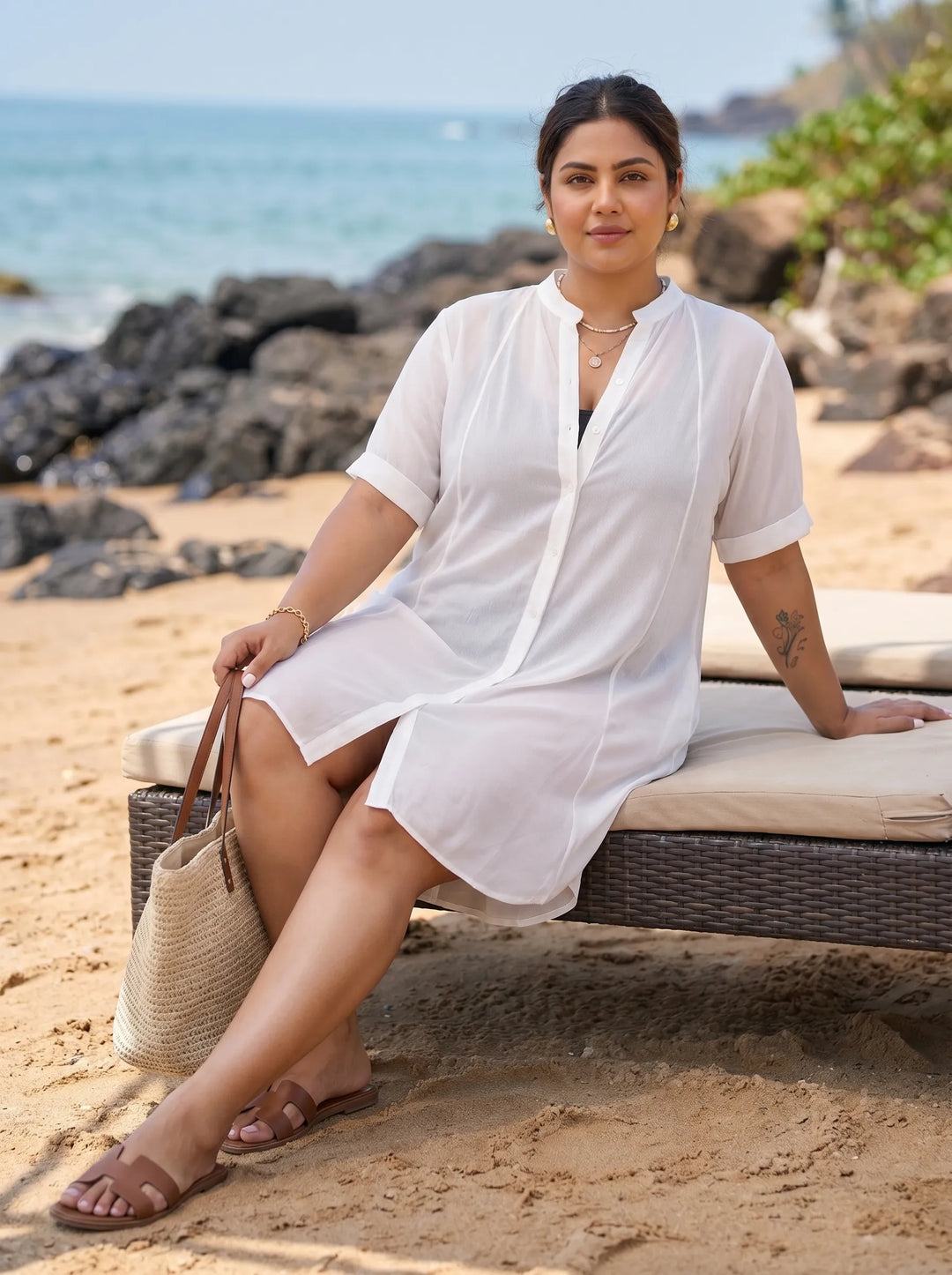 Beach Wear Off White Half Sleeves Shirt Style Cover Up Dress