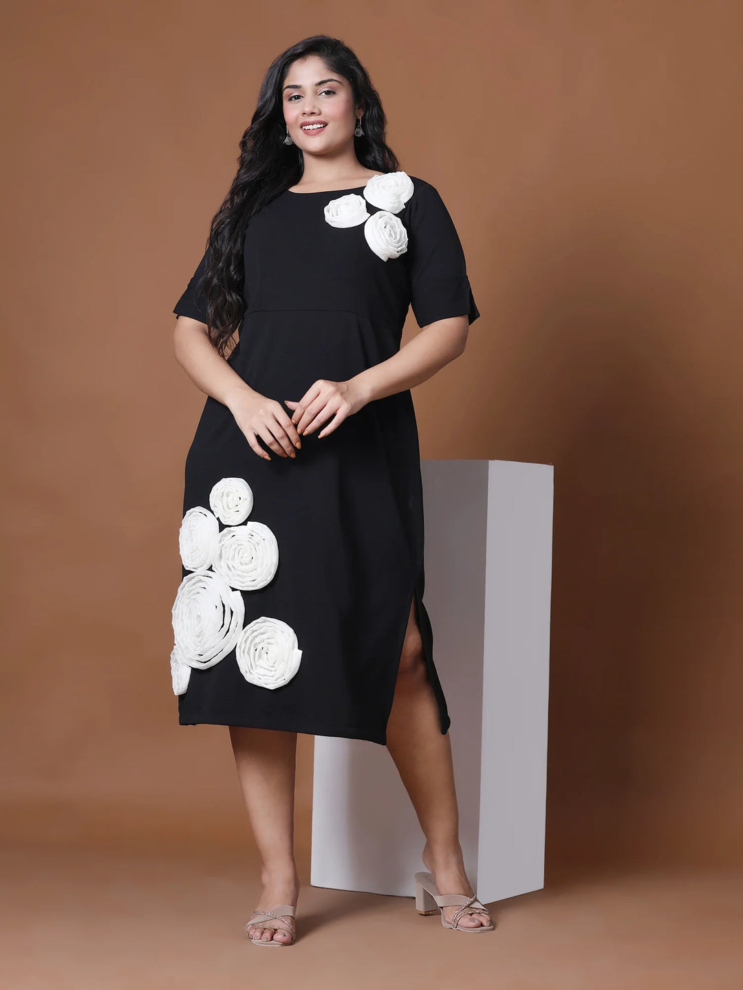 Curvy Lane Black A-Line Party Dress with White Flower