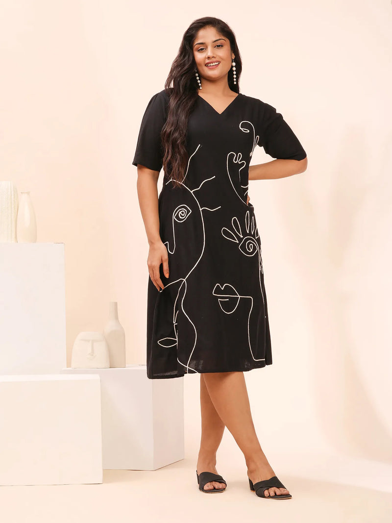 Black Cotton Dress with Cord Embroidery