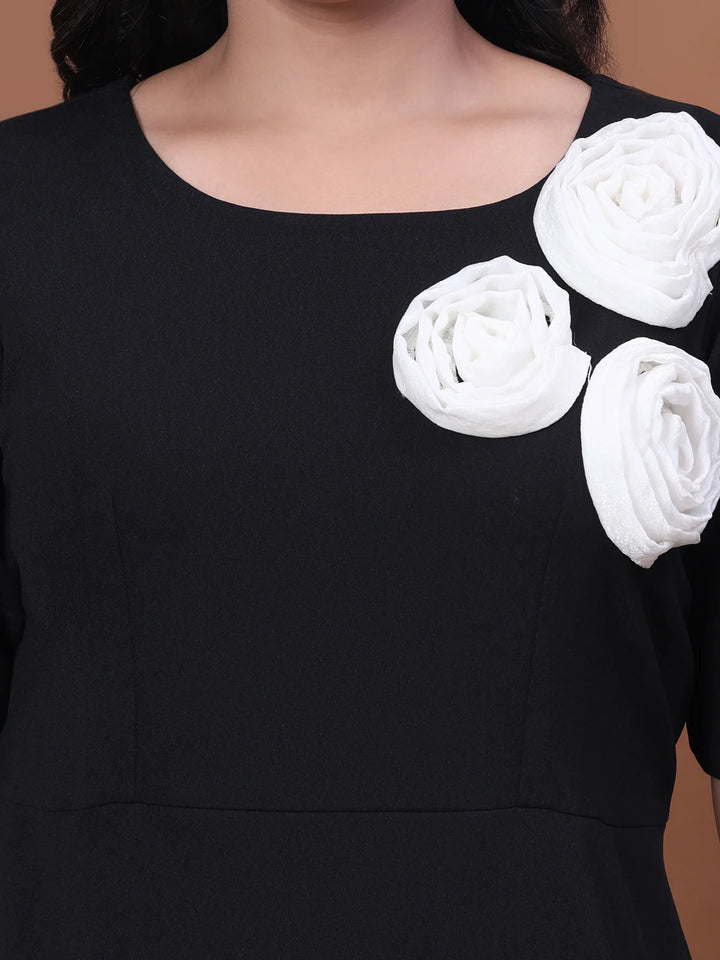 Black A-Line Party Dress with White Flower Closeup
