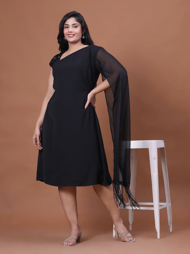 Black Aline Elegant sequin and flared sleeve party dress for curvy women