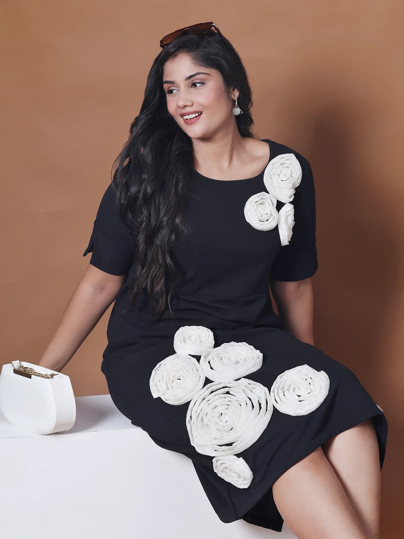 Black A-Line Party Dress with White Flower Appliques Black A-Line Party Dress with White Flower Appliques
