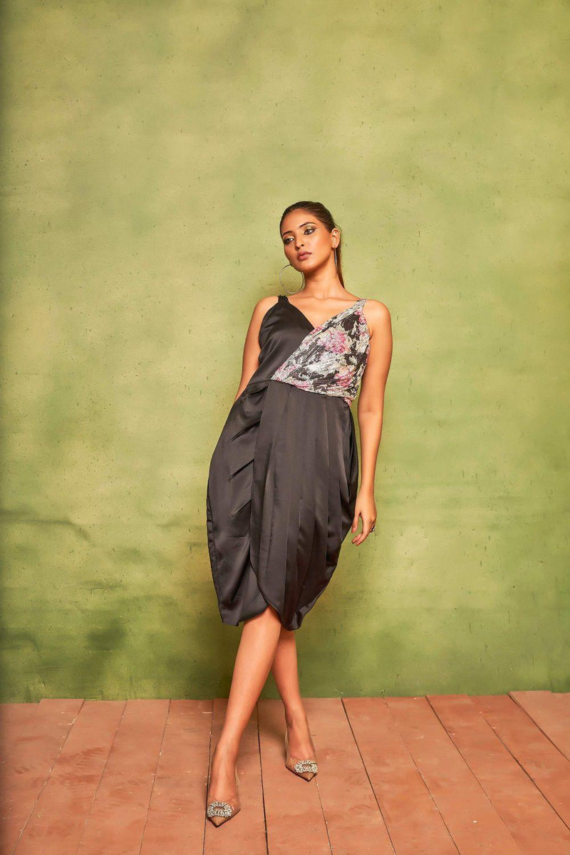 Black Floral Sequin Midi Dress For Women