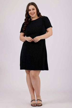 Black Lycra A-Line Party Dress with Puff Sleeves
