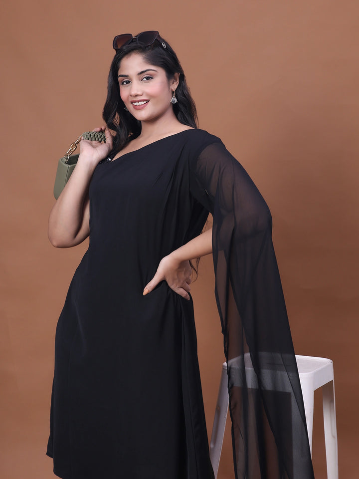 Black Lycra asymmetric sleeve party dress for women
