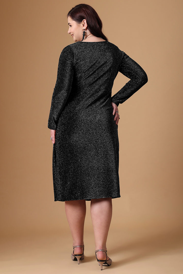 Black Pleated Long Sleeve Dress With Back Sides 