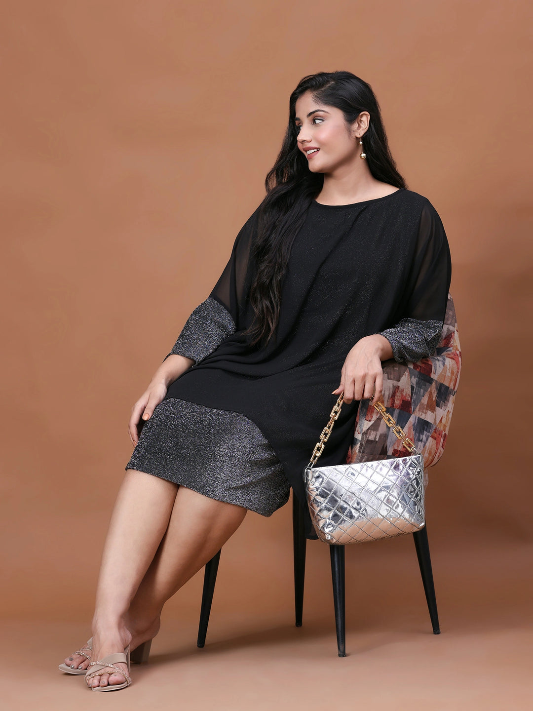 Black and silver A-line party dress for curvy women