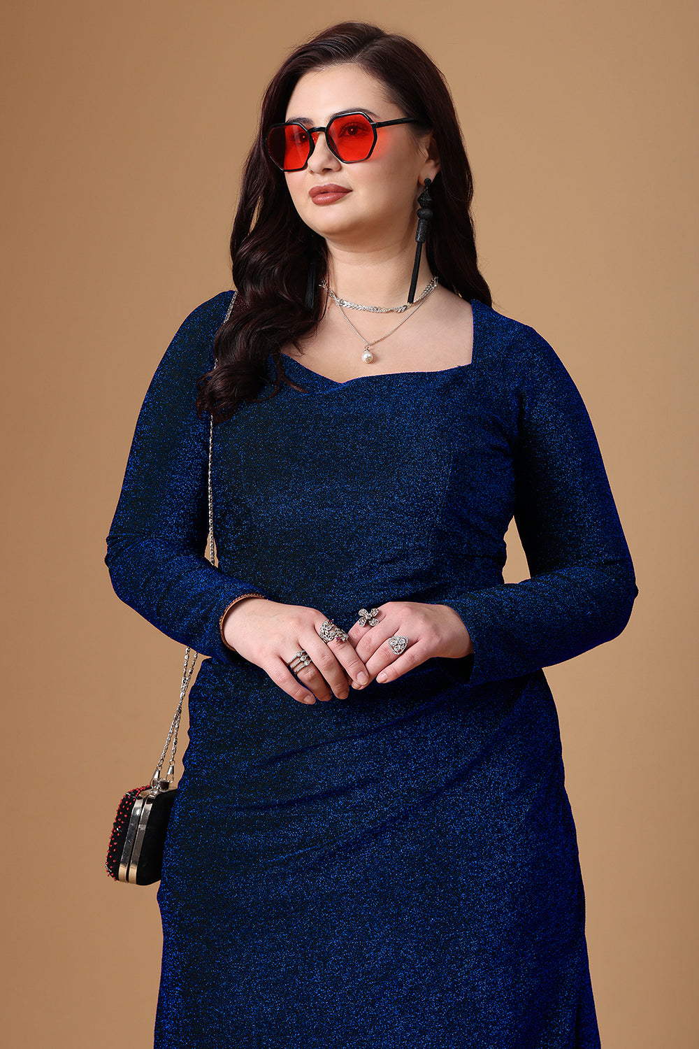 Blue Pleated Long Sleeve Dress Close Up Design