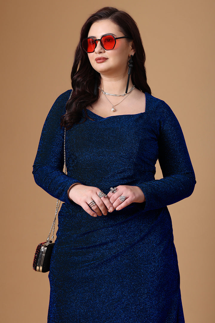 Blue Pleated Long Sleeve Dress Close Up Design
