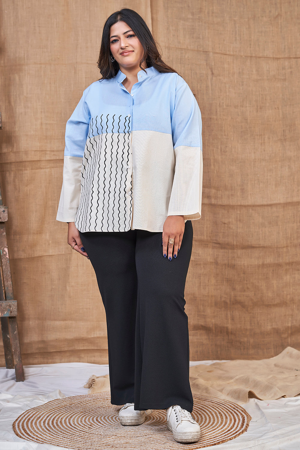 Blue and white cotton full sleeve shirt for women
