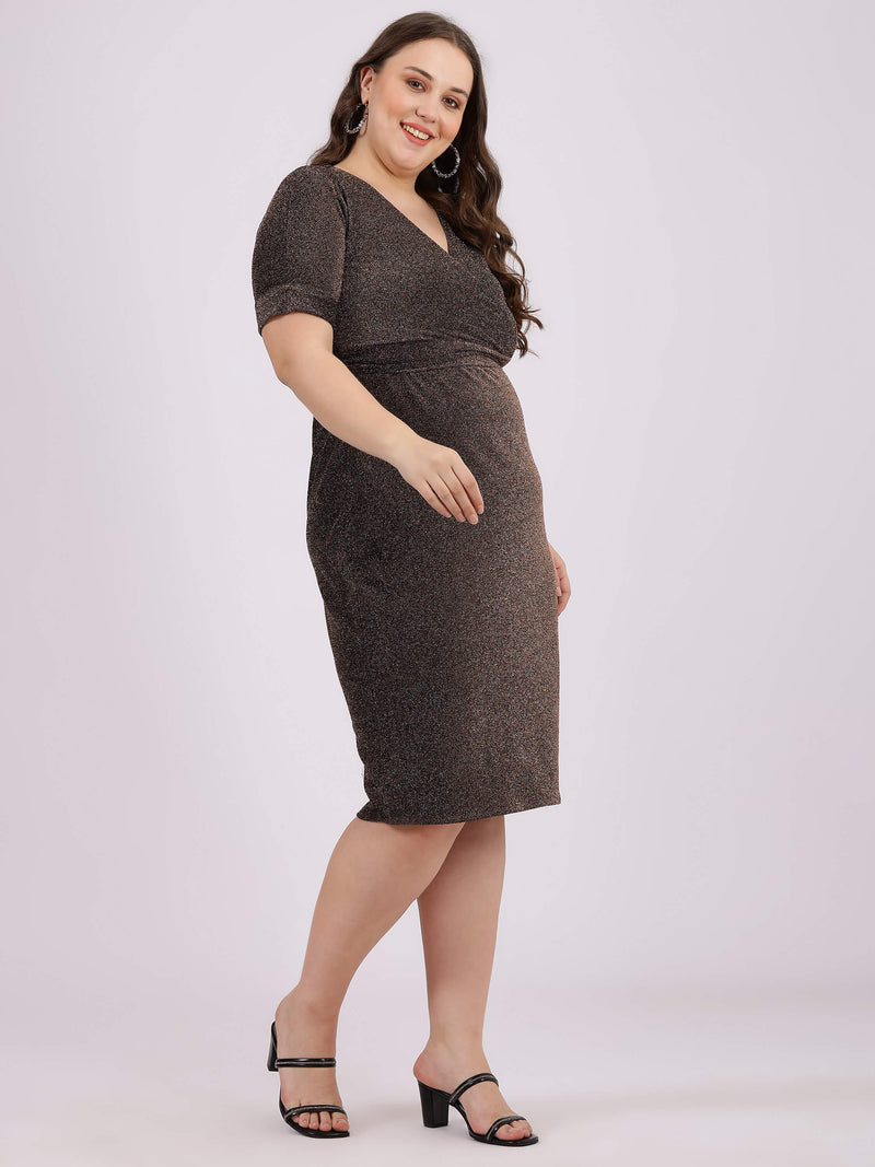 Brown Calf-Length Dress For Plus Size Women