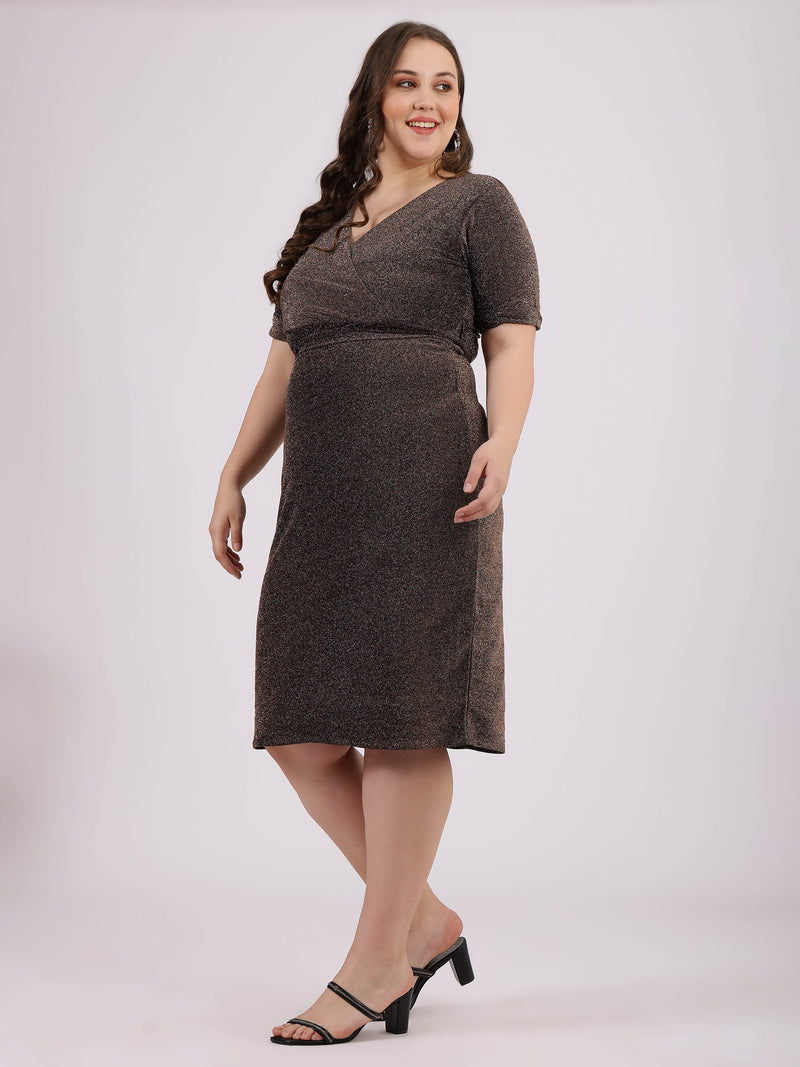 Brown Calf-Length Dress with Drape Neck For Plus Size Women