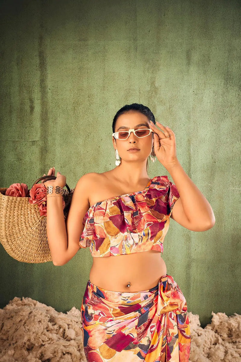 Woman in a colorful outfit with a textured green background [Abstract Print Beach Wear - Plus Size - Women]