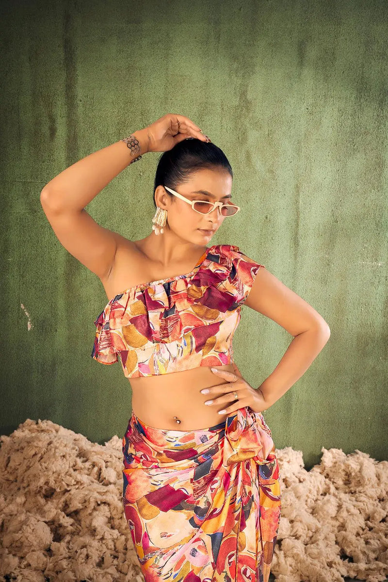Woman in a colorful outfit posing against a textured green wall. [Abstract Print Beach Wear - Plus Size - Women]