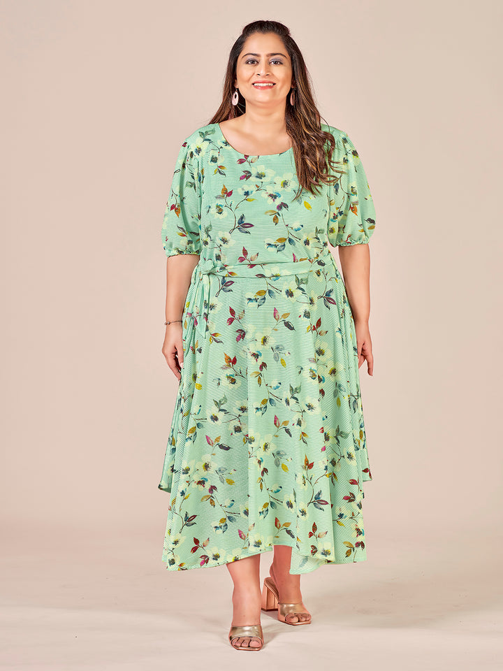 Floral Printed Puff Sleeves Belted A-Line Dress