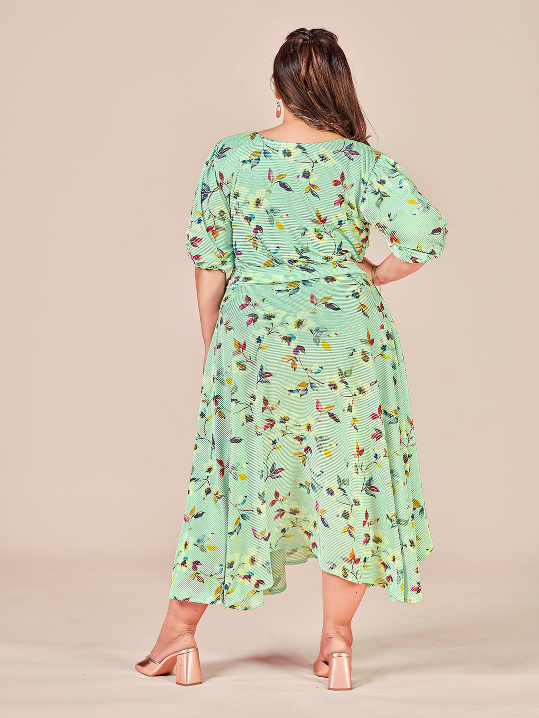 Floral Printed Puff Sleeves Belted A-Line Dress