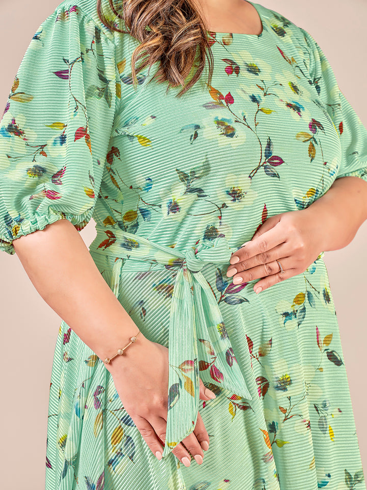 Floral Printed Puff Sleeves Belted A-Line Dress