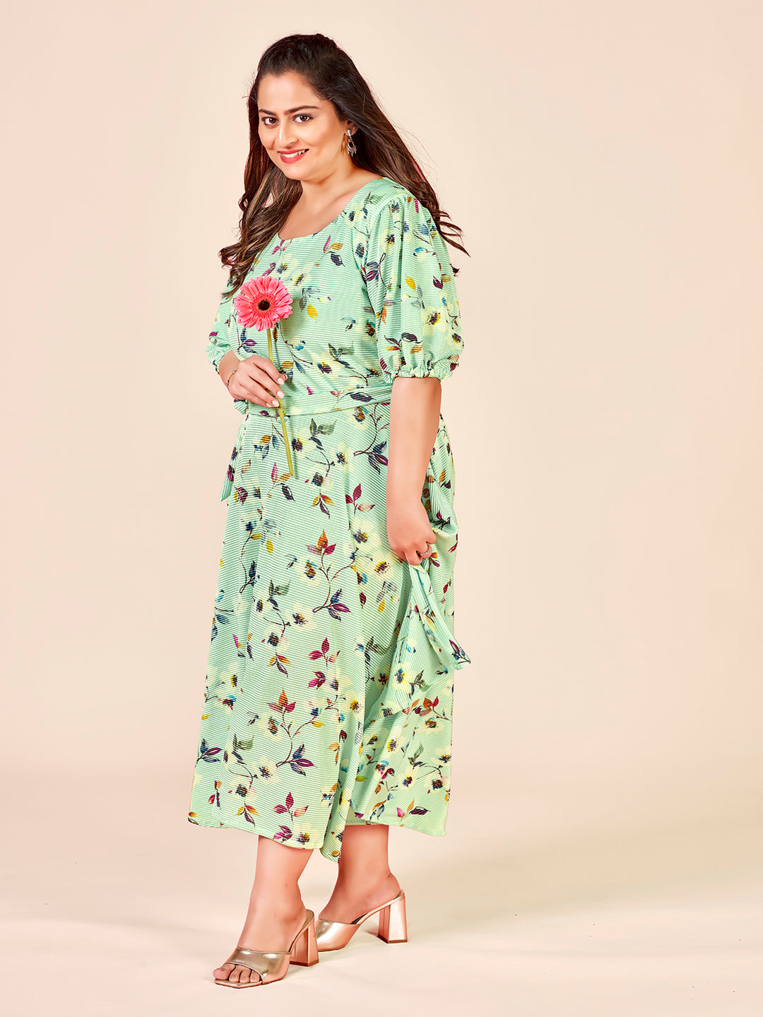 Floral Printed Puff Sleeves Belted A-Line Dress