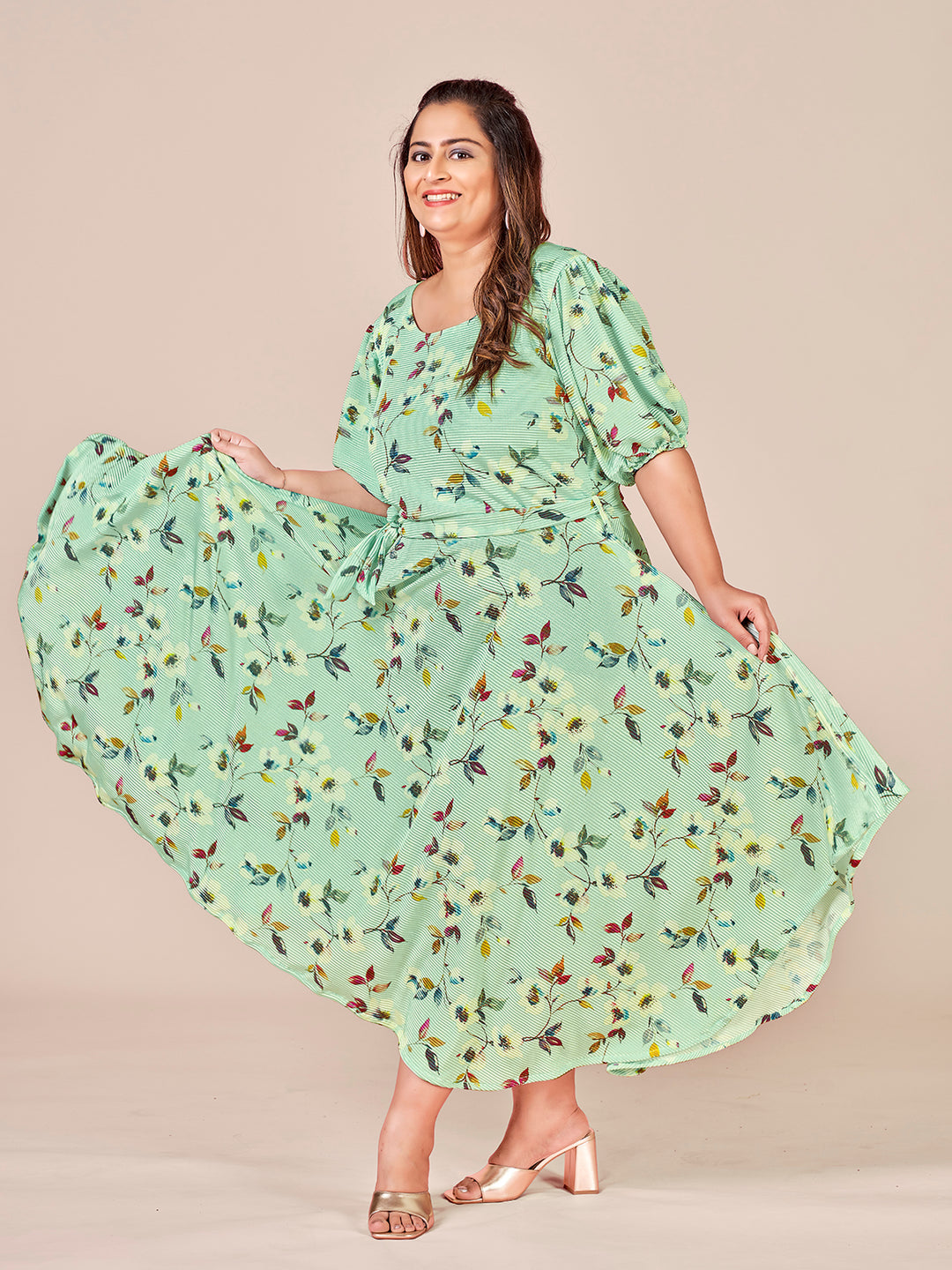 Floral Printed Puff Sleeves Belted A-Line Dress