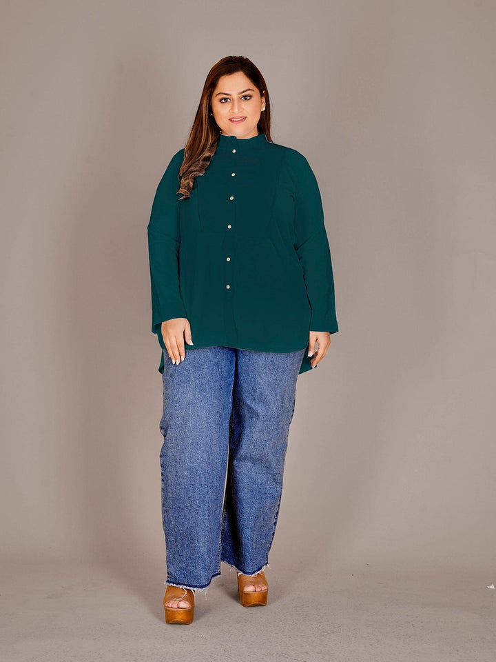 Mandarin Collar Shirt Style Green Top - Curvy Lane