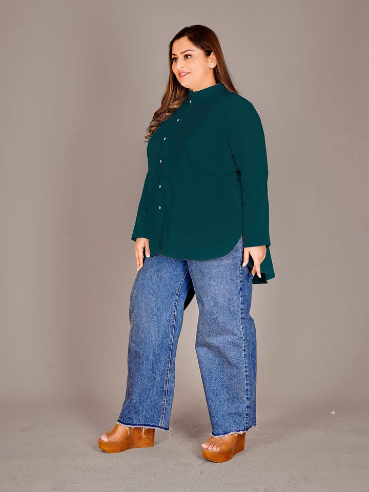 Mandarin Collar Shirt Style Green Top - Curvy Lane