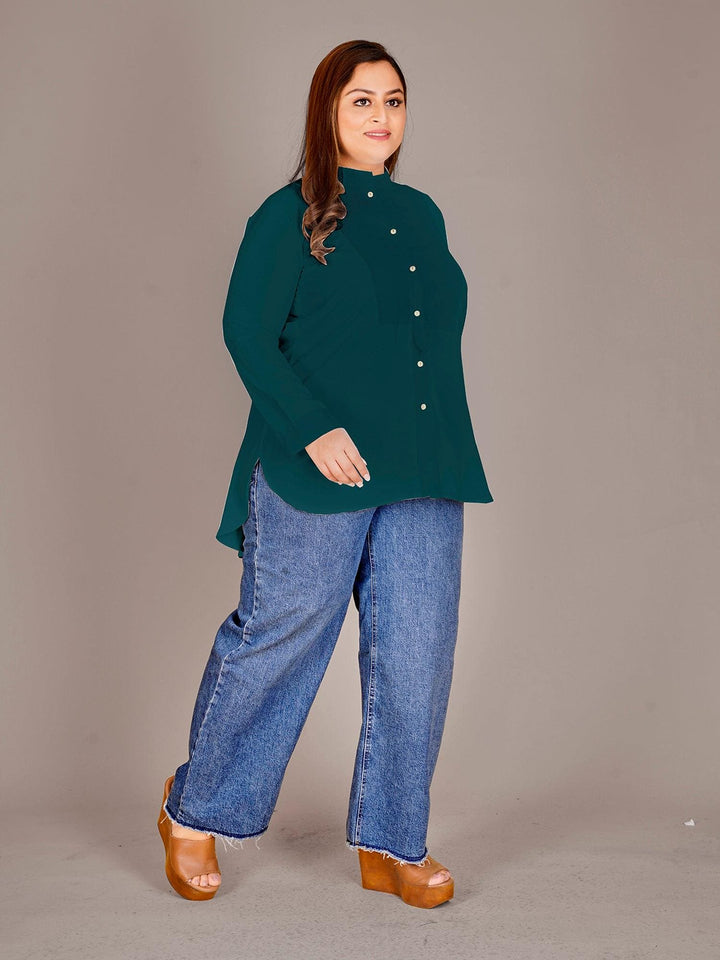 Mandarin Collar Shirt Style Green Top - Curvy Lane