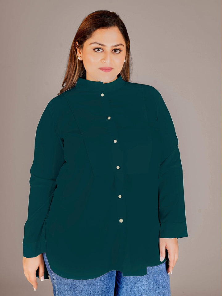 Mandarin Collar Shirt Style Green Top - Curvy Lane