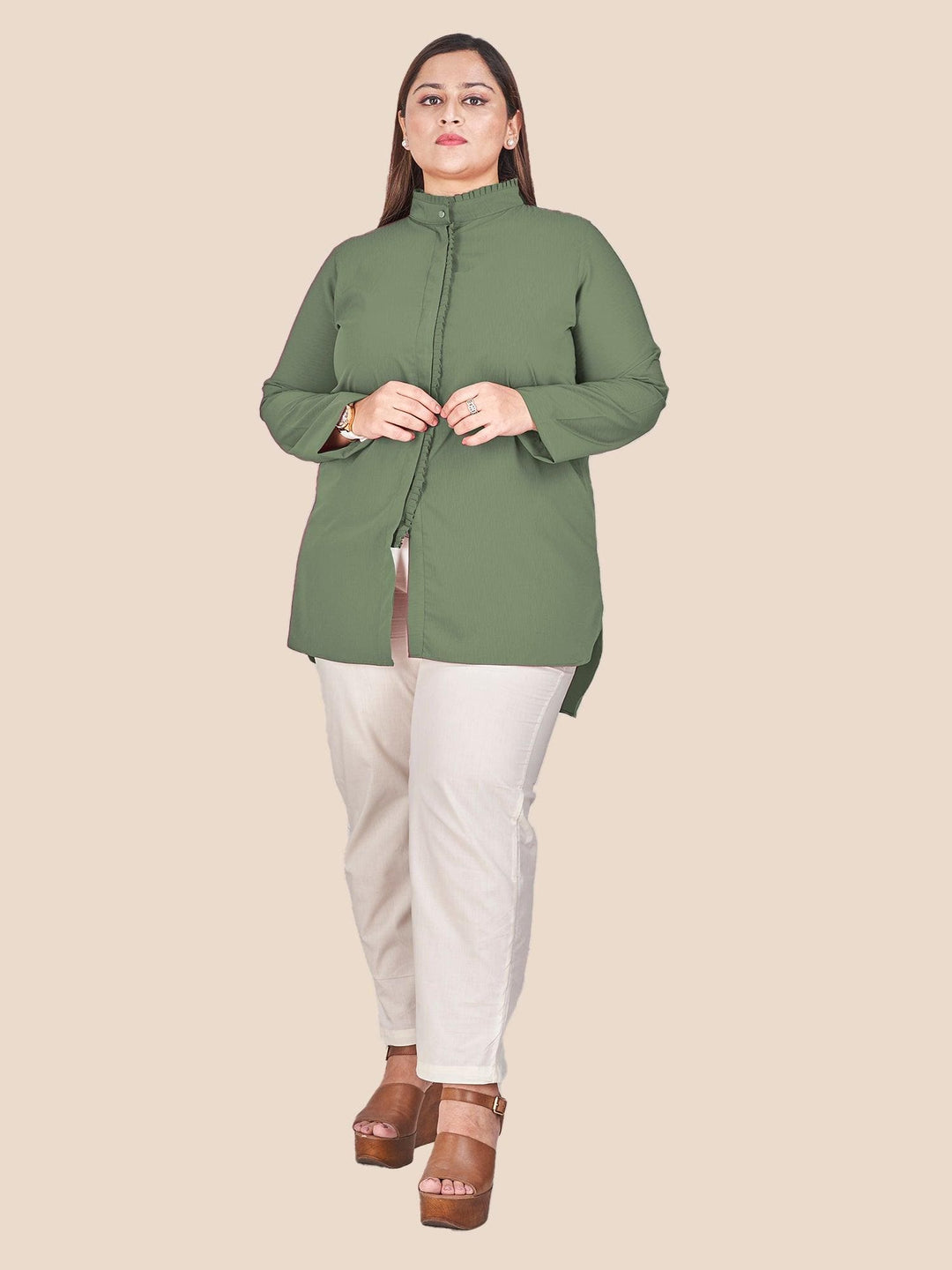 Green Mandarin Collar Shirt Style Top - Curvy Lane