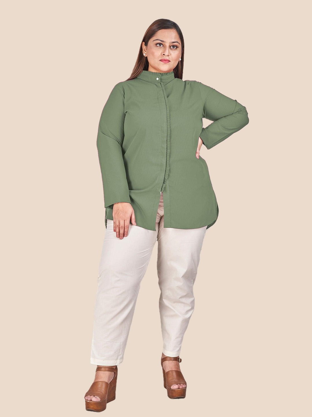 Green Mandarin Collar Shirt Style Top - Curvy Lane