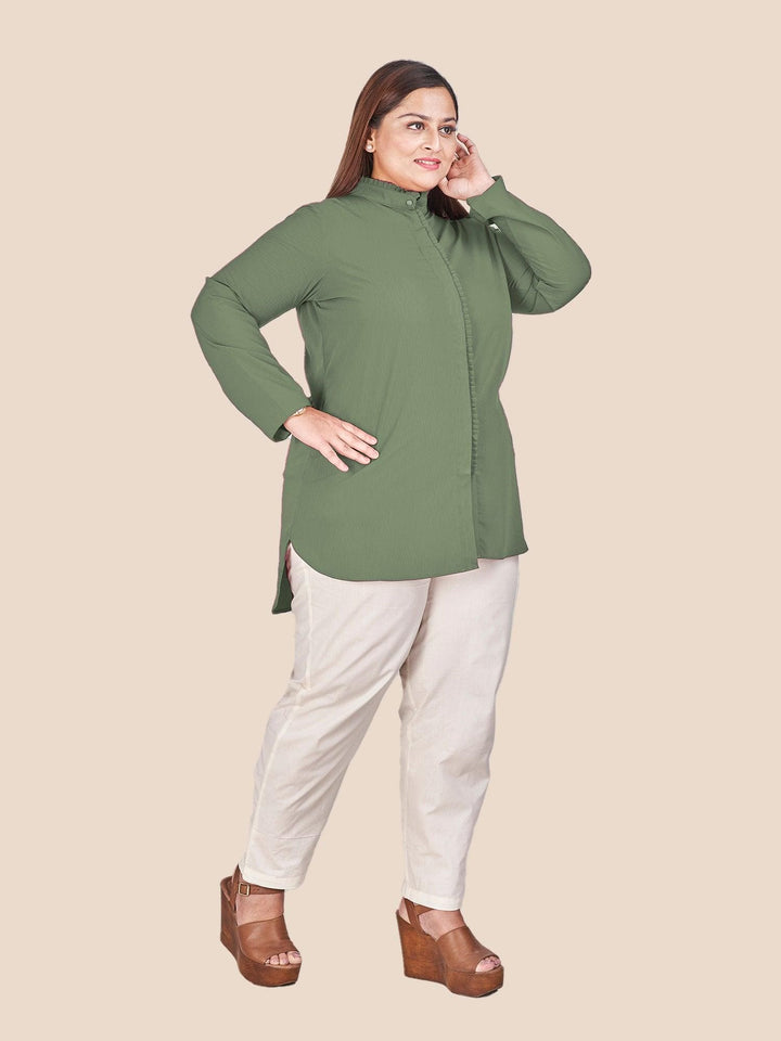 Green Mandarin Collar Shirt Style Top - Curvy Lane