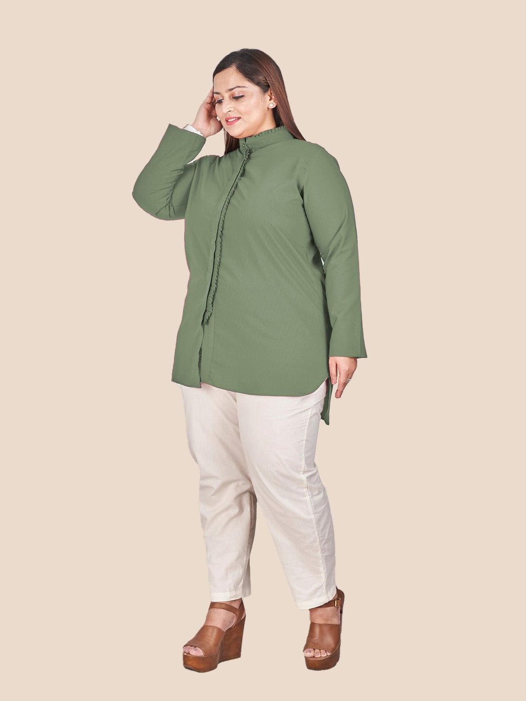 Green Mandarin Collar Shirt Style Top - Curvy Lane