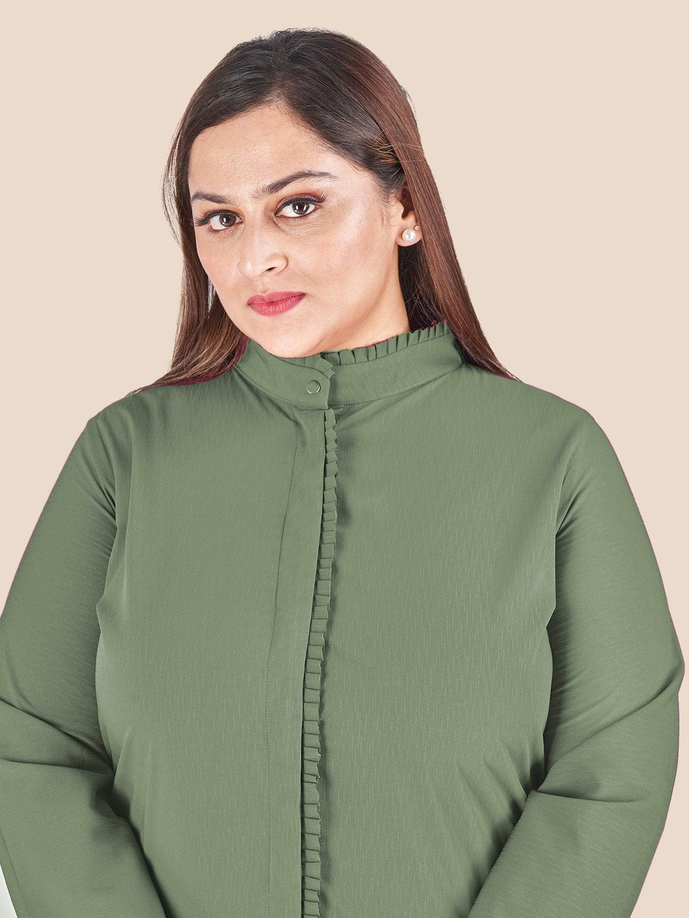 Green Mandarin Collar Shirt Style Top - Curvy Lane