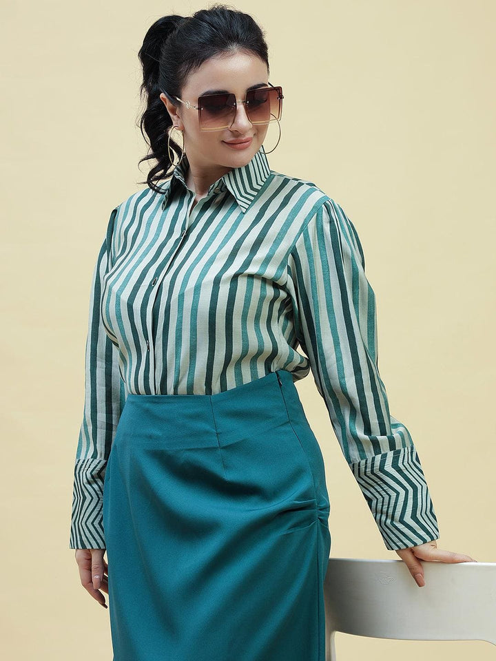 Green Striped Formal Shirt - Curvy Lane