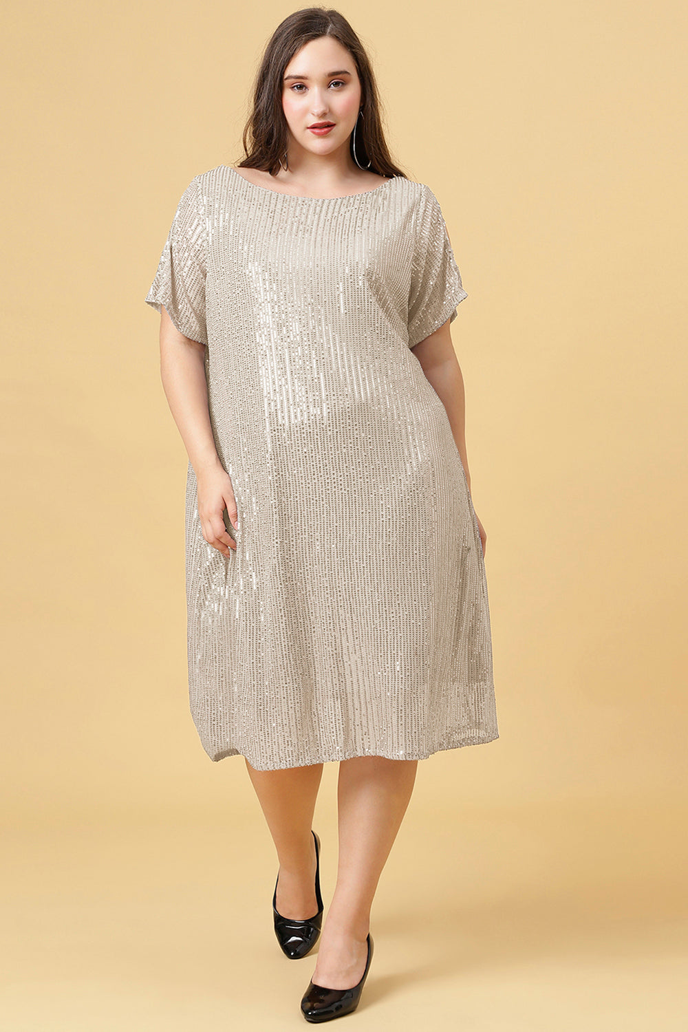 Curvy Lane Women Plus Size Boat Neck Sequins Dress with Slit Sleeves