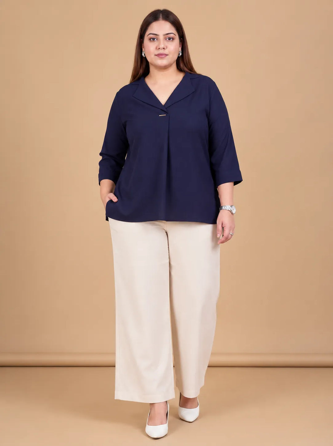Curvy Lane Women Plus Size Notch Collar High Low Top