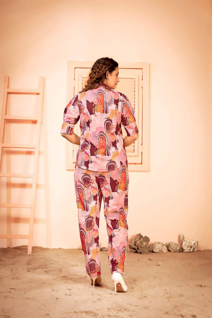 Abstract Summer Printed Notched Collar Shirt and Pant Co-ord Set - Curvy Lane