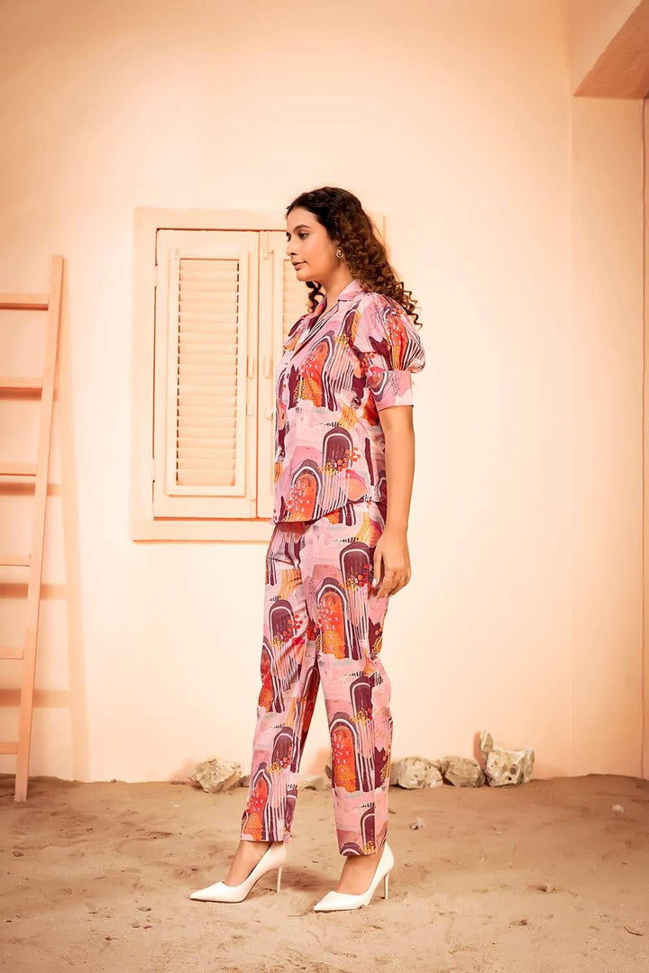 Abstract Summer Printed Notched Collar Shirt and Pant Co-ord Set - Curvy Lane