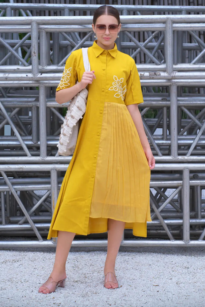 Collared golden cotton Dress for daily wear