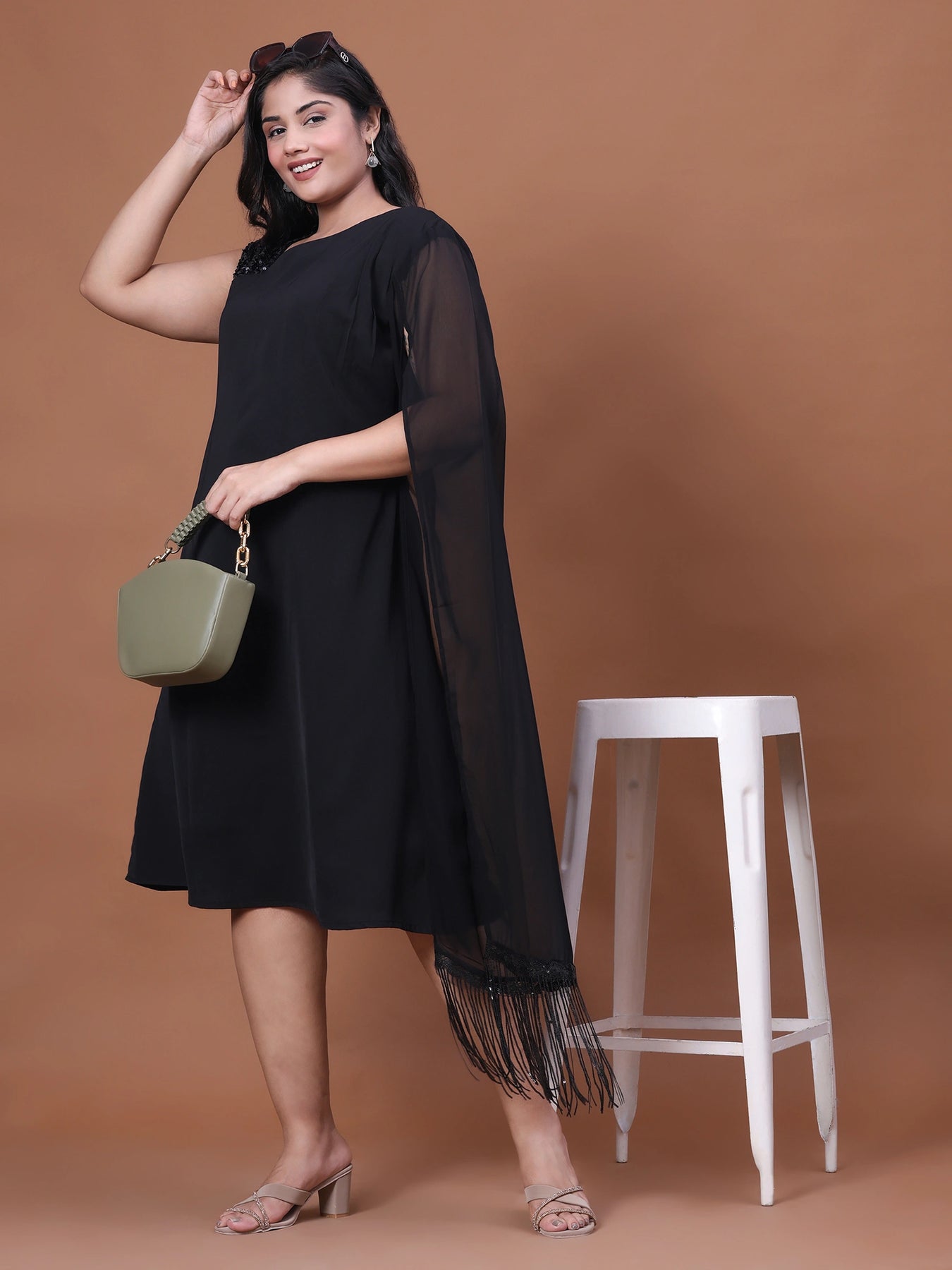 Black A-line western party dress for ladies with flared sleeves