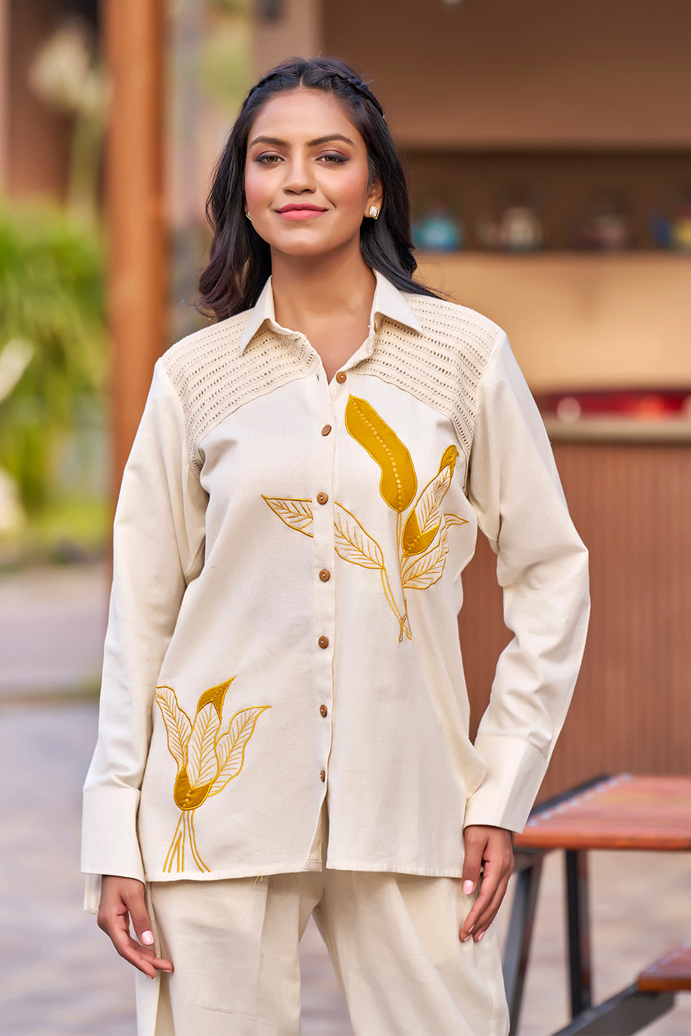 Cotton Off-white Resort Wear Co-ords With Embroidery Work