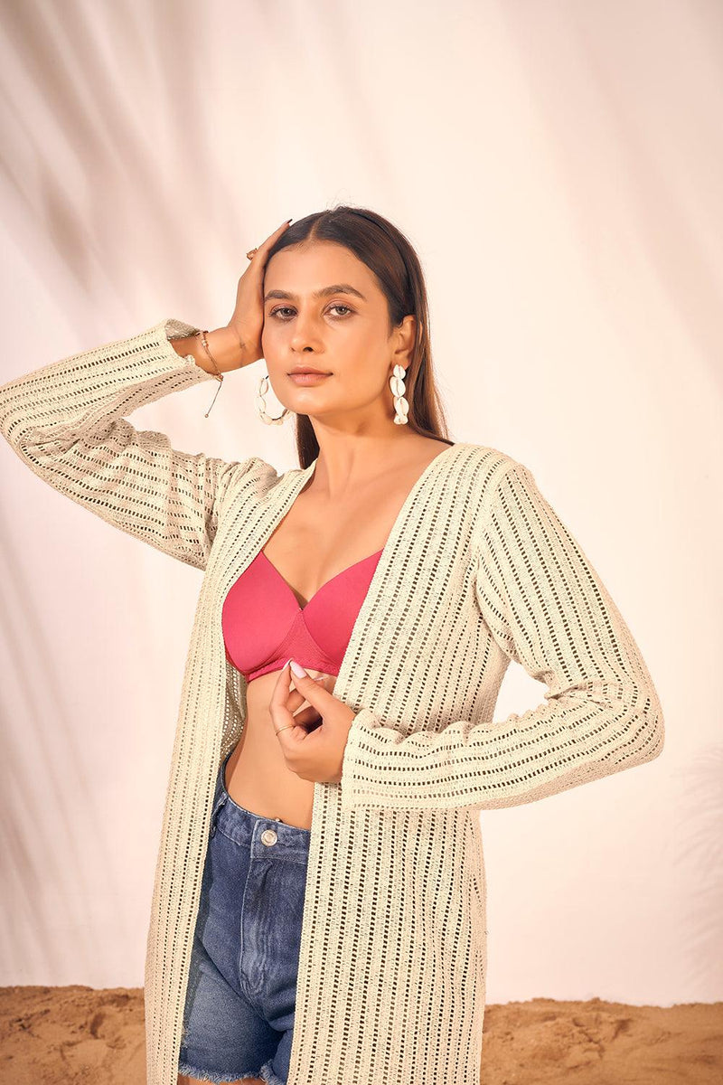 Cream Full Sleeve Beach Cover Up For Plus Size