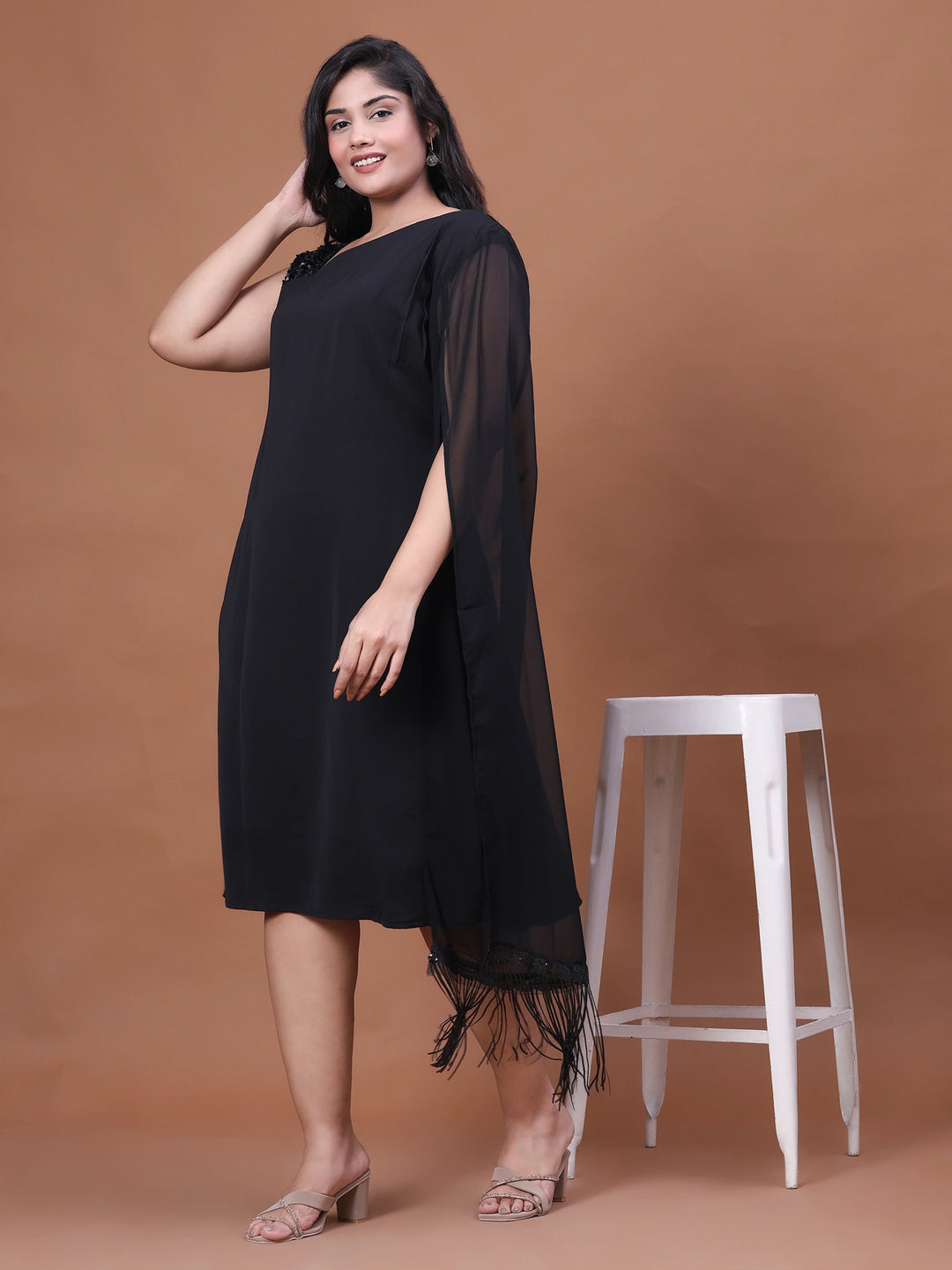 Black A-line western party dress for ladies with flared sleeves Black A-line western party dress for ladies with flared sleeves