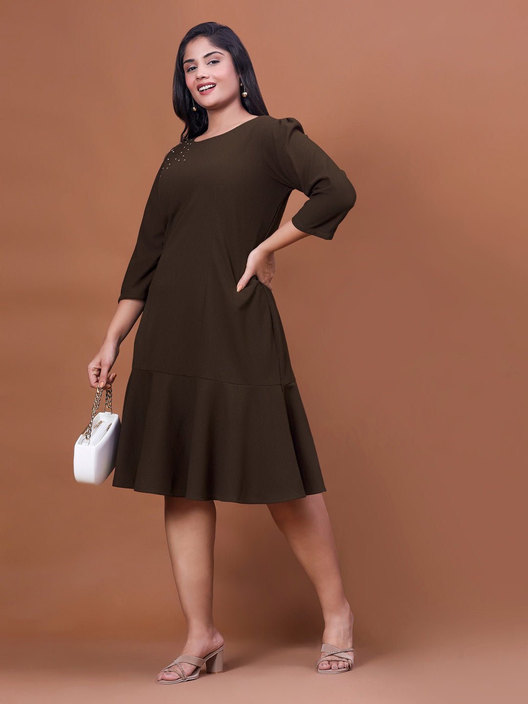 Curvy Lane Brown Straight Party Wear Dress