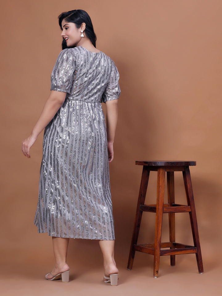 Curvy Fit Grey Midi Party Dress with Sequins