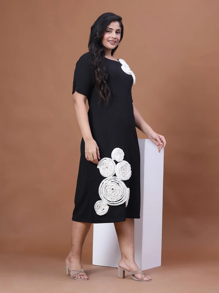 Curvy Lane Black Color White Fabric Flower Dress For Curvy Women