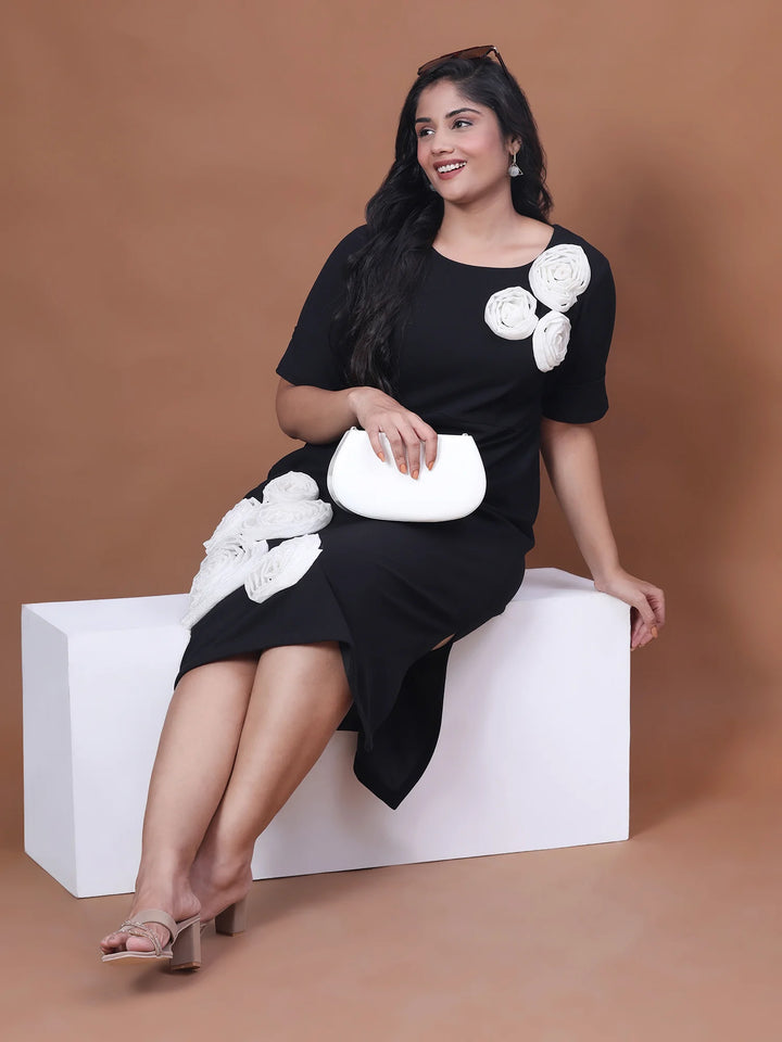 Curvy Lane Black Color White Fabric Flower Dress For Plus Size Women