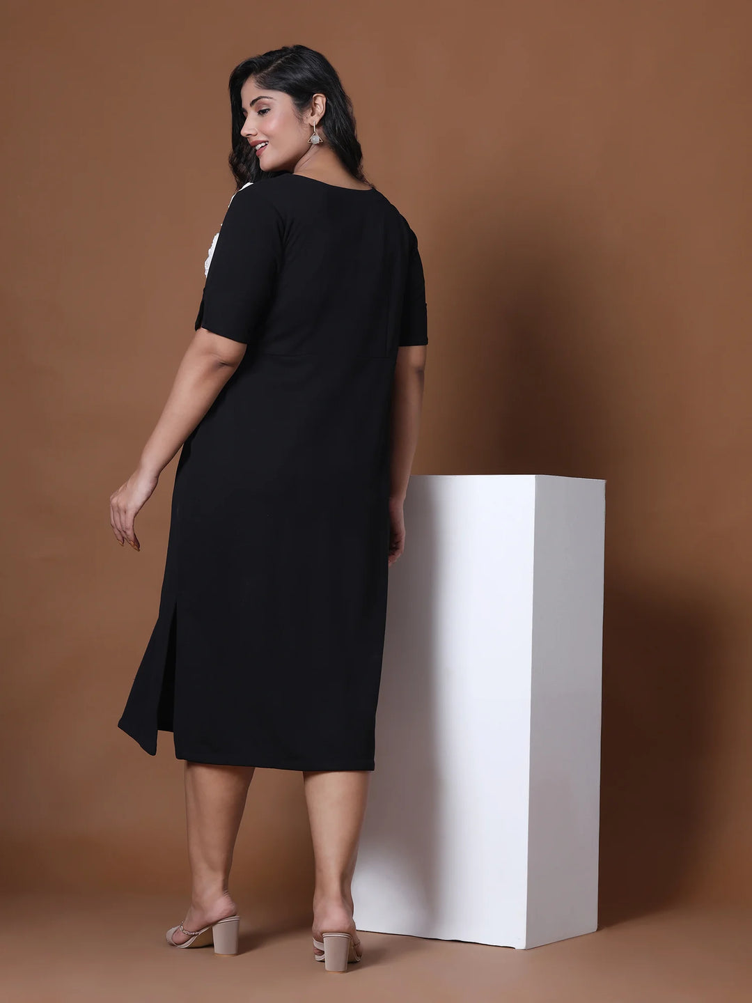 Curvy Lane Black Color White Fabric Flower Dress For Plus Size Women Back Side Look