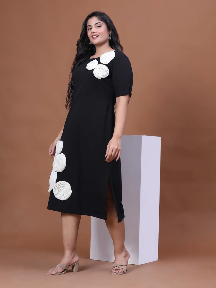 Curvy Lane Black Color White Fabric Flower Dress For Plus Size Women Right Pose
