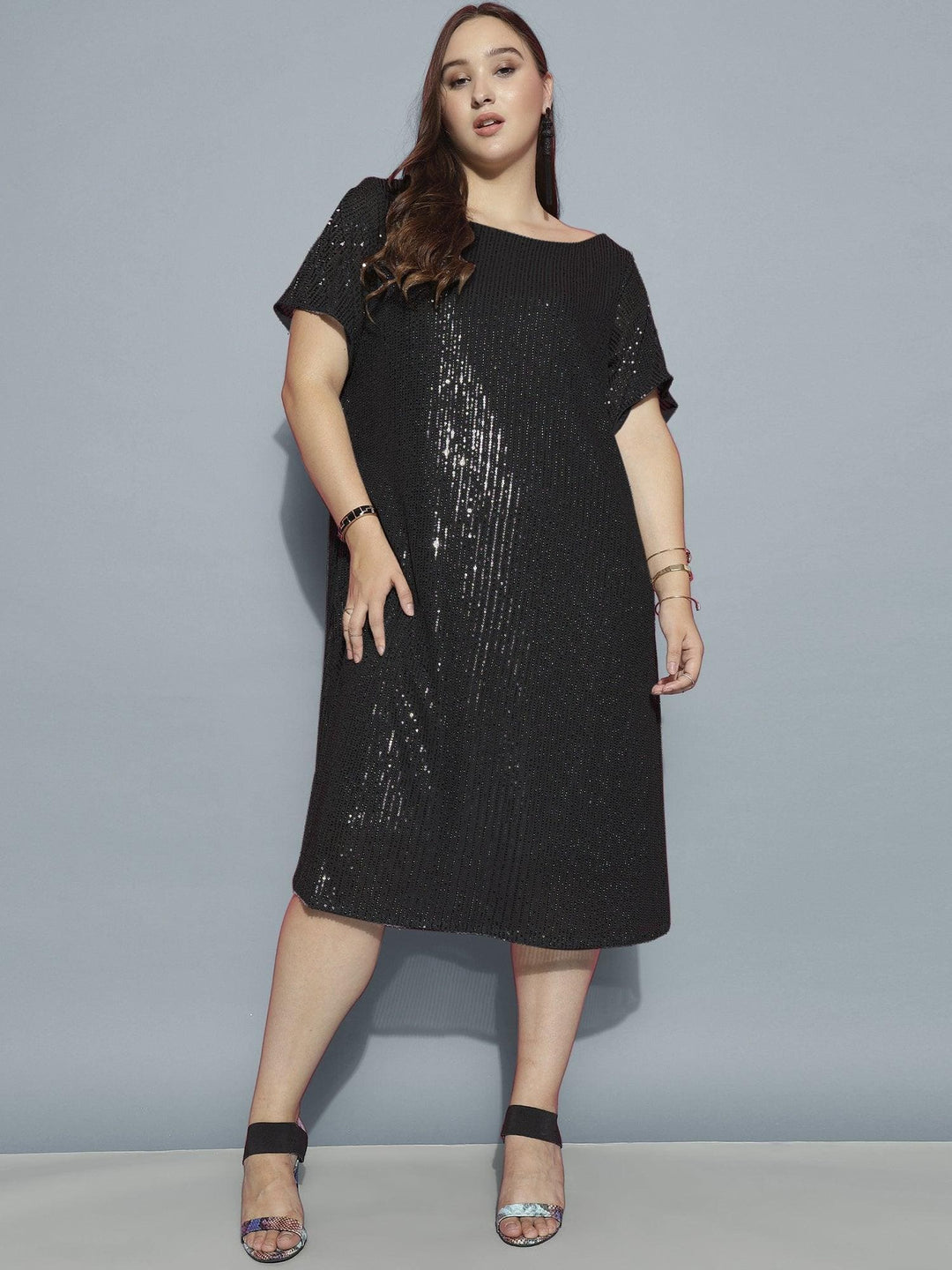 Curvy Lane Women Plus Size Boat Neck Sequins Dress with Slit Sleeves